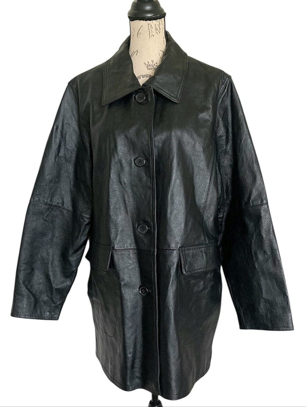 Centigrade black 100% Leather Button coat Jacket Plus size 1X Retro Classic
